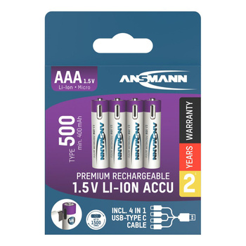 Akumulatory Li-Ion ANSMANN AAA 500mAh 1.5V USB-C - 4szt.