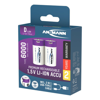 Akumulatory Li-Ion ANSMANN D 6000mAh 1.5V USB-C - 2szt.