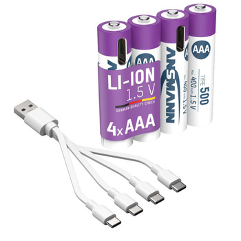Akumulatory Li-Ion ANSMANN AAA 500mAh 1.5V USB-C - 4szt.