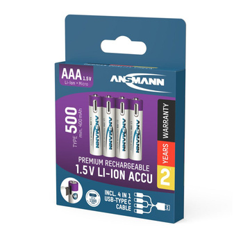 Akumulatory Li-Ion ANSMANN AAA 500mAh 1.5V USB-C - 4szt.