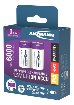 Akumulatory Li-Ion ANSMANN D 6000mAh 1.5V USB-C - 2szt.