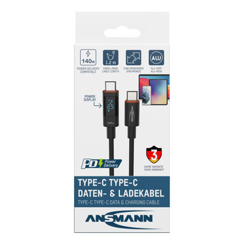 Kabel USB-C/USB-C ANSMANN 140W 1.2m czarny LED