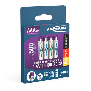 Akumulatory Li-Ion ANSMANN AAA 500mAh 1.5V USB-C - 4szt.