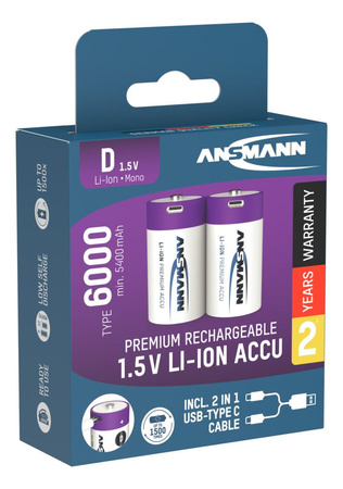 Akumulatory Li-Ion ANSMANN D 6000mAh 1.5V USB-C - 2szt.