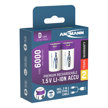 Akumulatory Li-Ion ANSMANN D 6000mAh 1.5V USB-C - 2szt.