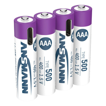 Akumulatory Li-Ion ANSMANN AAA 500mAh 1.5V USB-C - 4szt.